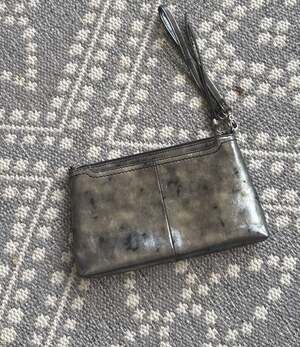 Hobo Metallic Pewter Distressed Leather Zip Top Wristlet